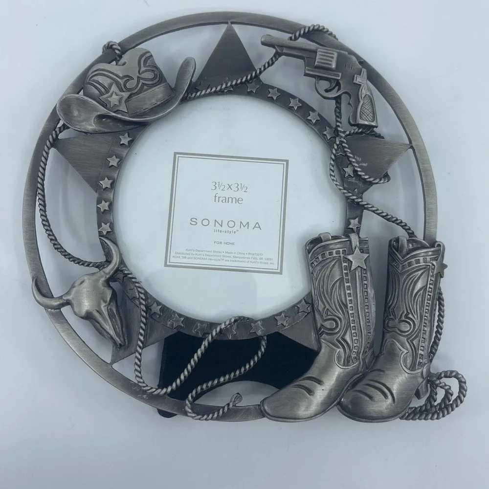 Sonoma Pewter Western Cowboy Boots Hat Pistol Photo‎ Frame 3.5x3.5